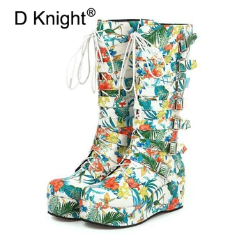 

Winter Gothic Punk Womens Platform Boots Black Buckle Strap Lace Up Creepers Wedges Shoes Mid-Calf Military Combat Boots Size 45