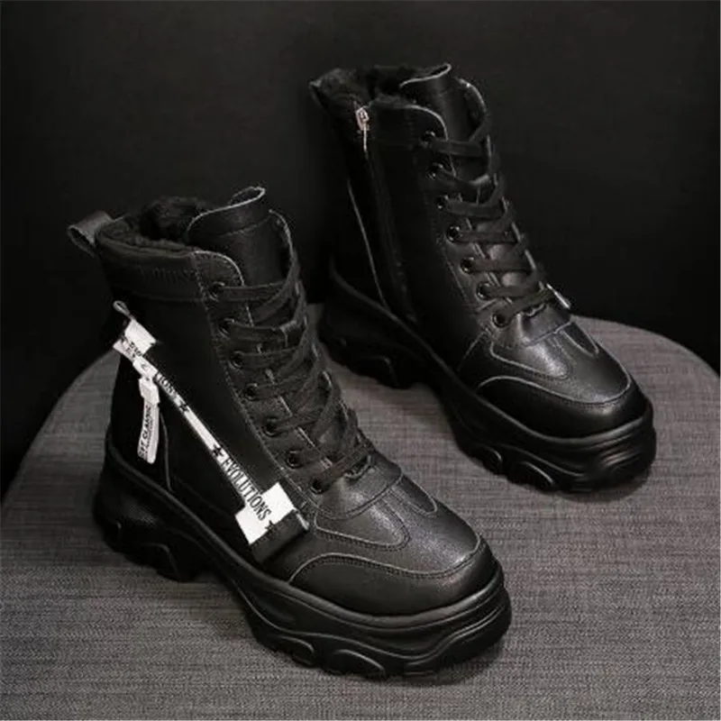 DIWEINI Leather Women's Chunky Boots Winter Thick Fur Warm Women Platform Sneakers Fashion Combat Boot Woman Martin Shoes