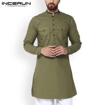 

INCERUN Vintage Men Shirt Stand Collar Indian Clothes Solid Color Long Sleeve Pockets Button Long Shirts Retro Muslim Tops S-5XL