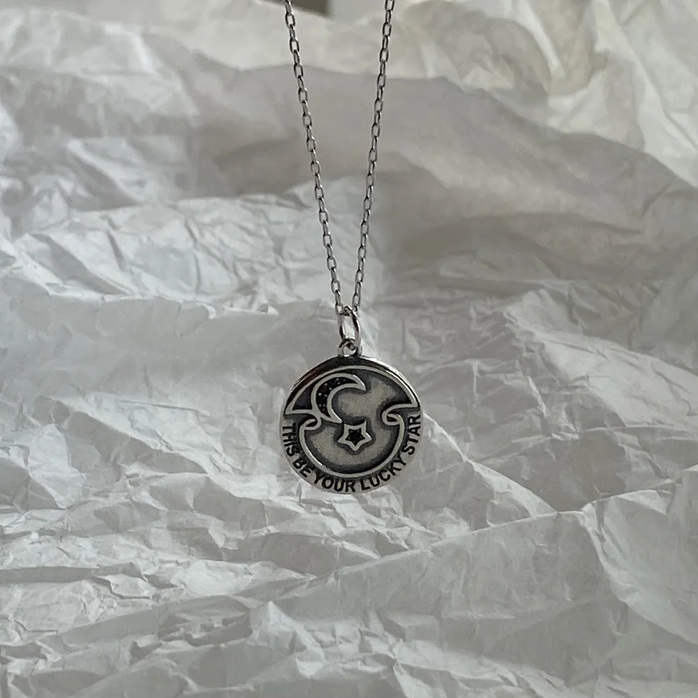 "this be your lucky star" personality Authentic 925 Sterling silver Black cz moon star Disc Coin Necklace PENDANR mom giftTLx574