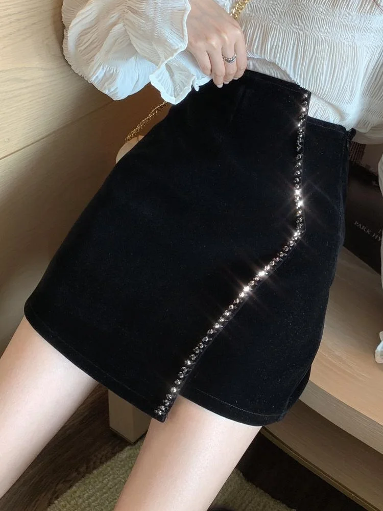 Ins CHIC Europe French Irregular Velvet Hand Bead Rhinestone Woman Velour Mini Skirt High Waist Bodycon Lady Bottom Black Winter