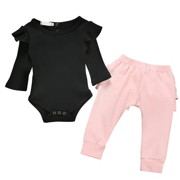 

Puseky 2PCS Autumn Newborn Baby Girl Clothes Sets Solid Colors Frill Romper Body suit Ruffle Pants Leggings Outfits Set