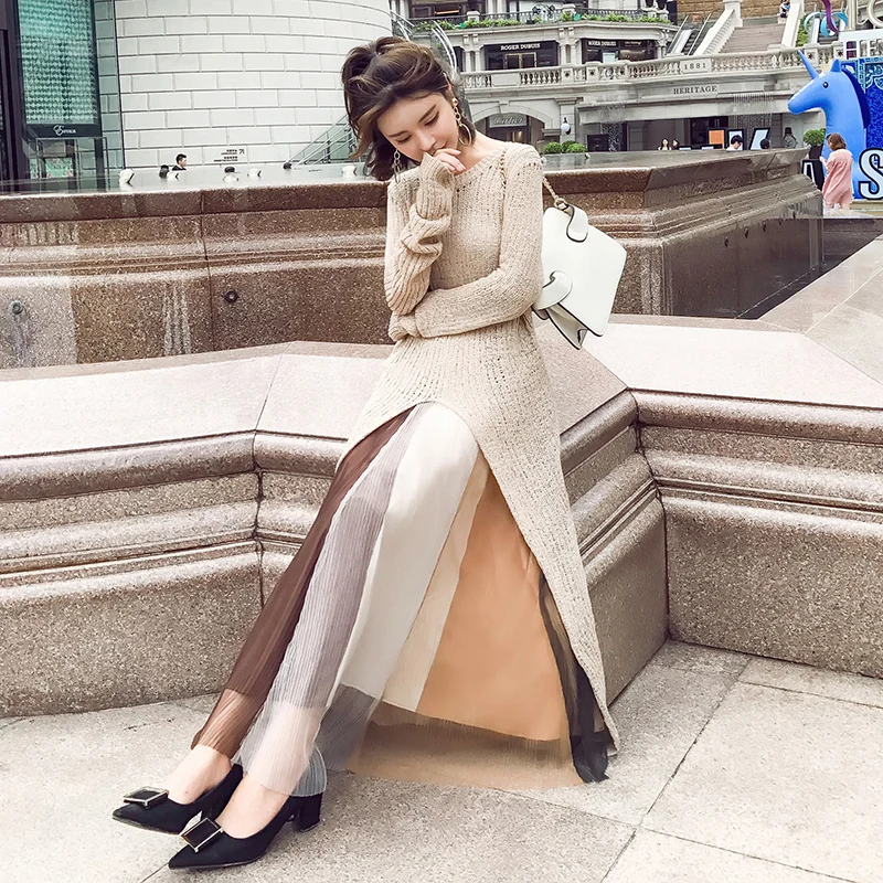 

New Autumn 2020 korean Chic Two Piece Set Women Long Sleeve Knittd Sweater Dress Female Long Skirt Women Suits Outwear