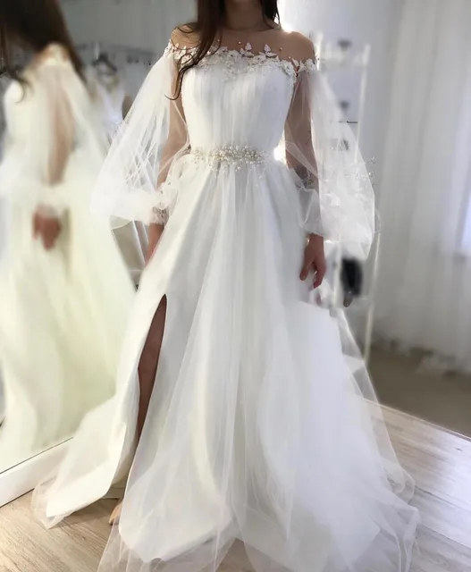 $US $120.00 White A Line Wedding Dresses Princess Long Sleeves Illusion Tulle Appliques Beaded High Side Slit Women Plus Size Bridal Gowns