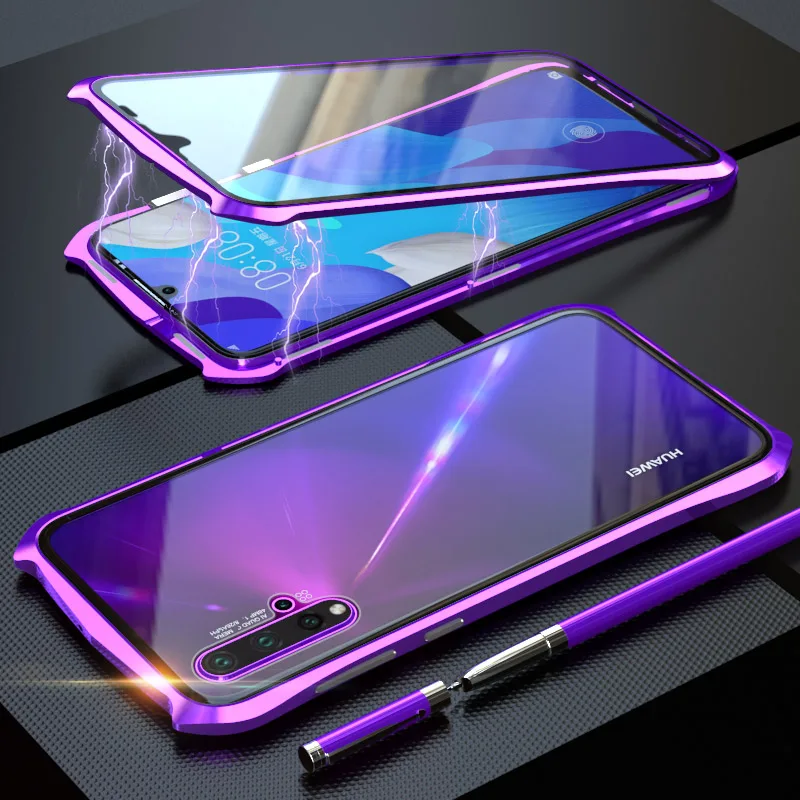 Фиолетовый Для huawei Nova 5 Чехол в стиле летучей мыши тонкая металлическая рамка взрывозащищенный чехол из закаленного стекла с магнитной адсорбцией - Цвет: Фиолетовый