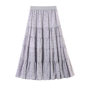 

Summer Sweet Polka Dotted A-line Long Boho Chiffon Skirts Cute Patchwork Dots Printed Pleated Chiffon Long Skirts
