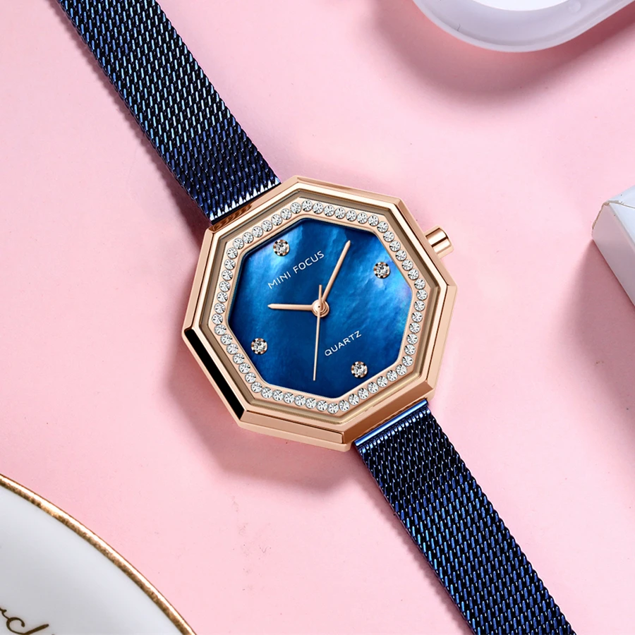 

MINIFOCUS Unique Polygonal Dial Elegant Watches Women Fashion Watch 2020 Stainless Steel Strap Rose Quartz Wristwatch Lady Clock