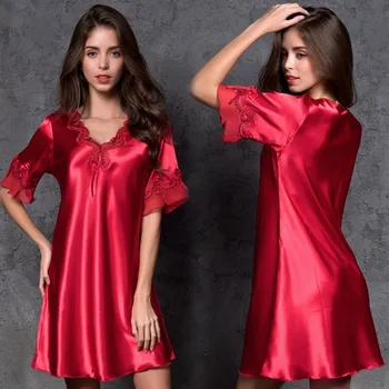 

Women Nightgown Silk Dress Plus Size Sexy Sleepwear V-Neck Knee-Length Pijamas Women Sexy Sleeping Dress Nighty for Ladies