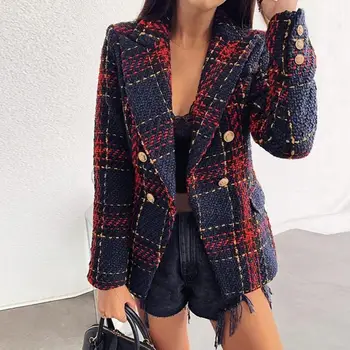 

Spring Autumn Women Coat Vintage Warm Plaid Tweed Lapel Double Breasted Coat Cappotto Lana Donna Manteau Mouton Femme Free Ship