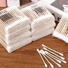 100PCS Cotton Swab Wood Stick Double Head Cotton Stick Makeup Swab for Beauty Makeup Nose Ears Cleaning