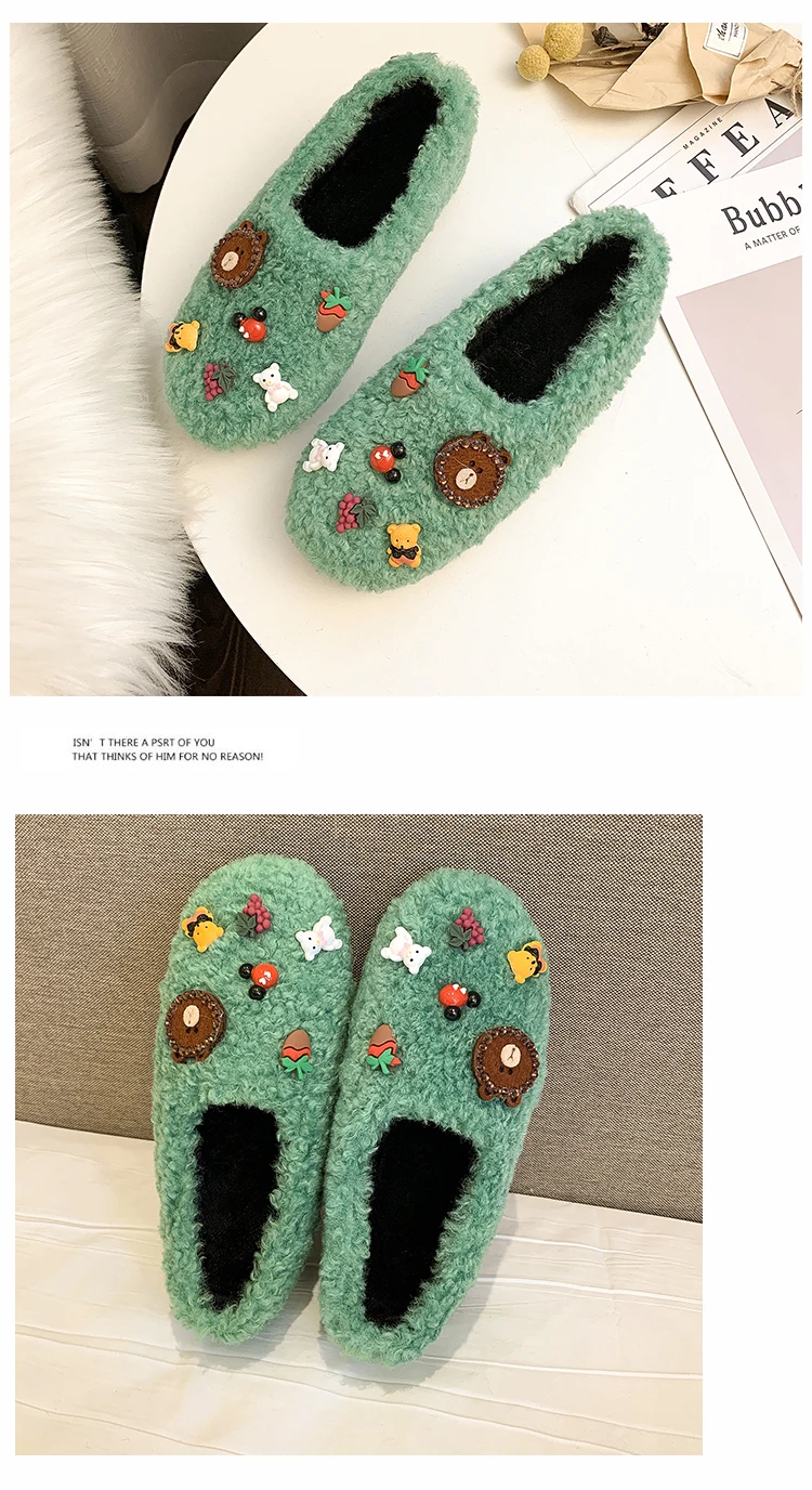 cute bear decoration fur flats women round toe anti-slip lamb wool loafers oxford winter shoes woman warl plush moccasins s532
