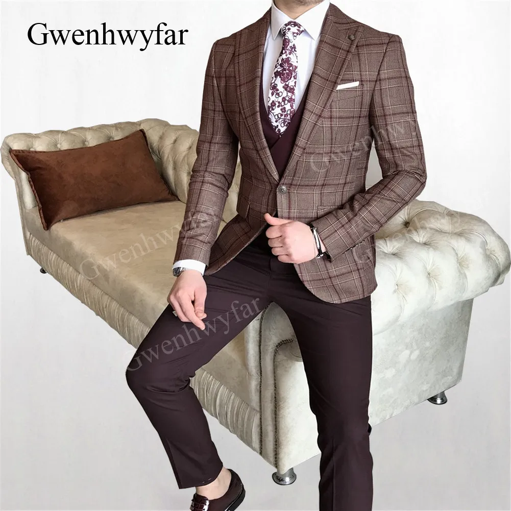 Gwenhwyfar 2020 Winter Design Coffee Plaid Blazer Suits for Male Business Men Party Prom with burgundy pants vest Formal | Мужская