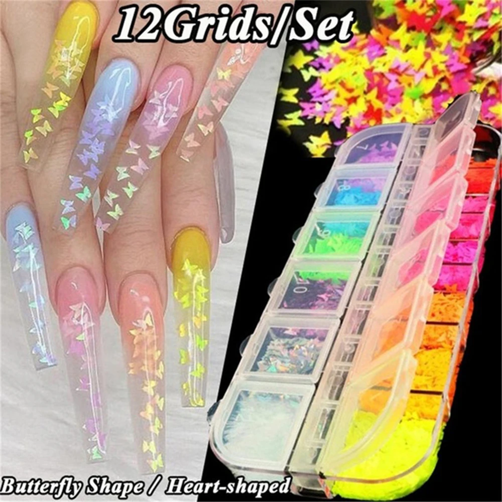 

12 Colors Nail Art Decorations Fluorescence Butterfly Mixed 3D Flakes Slices Ultrathin Sequins Sparkly Nail Flakes Accessories