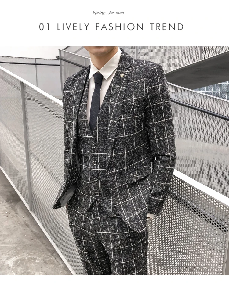 Костюм жилет брюки комплект из 3 предметов/2019 модная новинка мужской повседневный бутик деловой клетчатый костюм блейзеры куртка пальто
