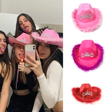 Western Style Pink Cowboy Hat Women's Fashion Party Cap Warped Wide Brim with Sequin Decoration Crown Tiara Cowgirl Hat
