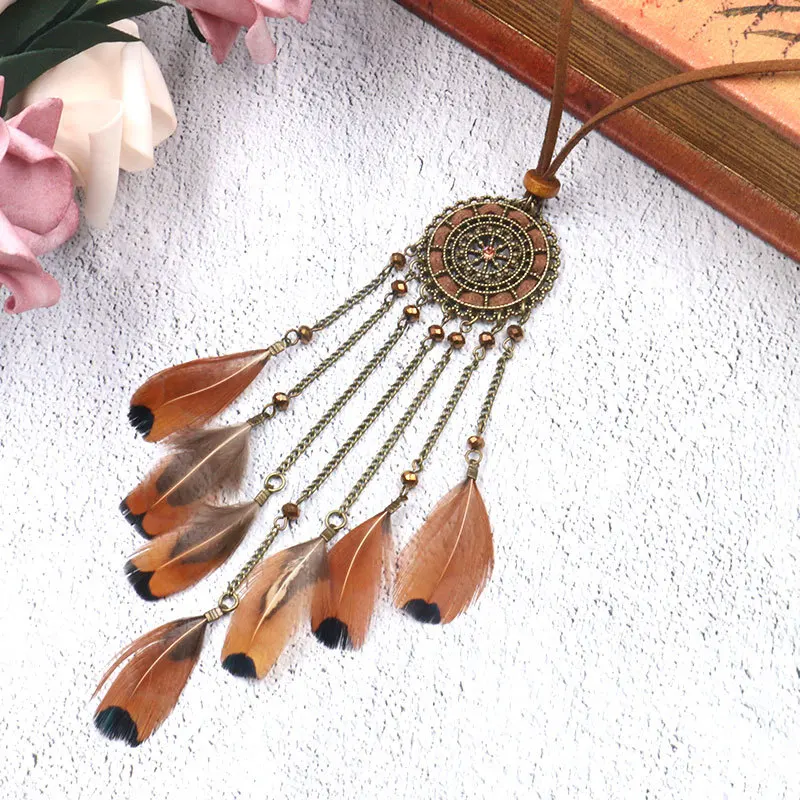 Collier Attrape Rêves Fantaisie Marron Clair Bijoux femme bohème capteurs de rêves style chic boho amérindien fantaisie