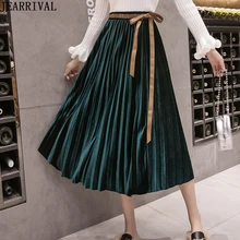 Осень-зима бархатные Юбки Женская однотонная шапка Высокая Талия винтажная плиссированная юбка женские Повседневное тонкий миди-юбка saia faldas