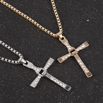 Fast and Furious Movies Actor Dominic Toretto Rhinestone Cross Crystal Pendant Chain Necklace Men Jewelry