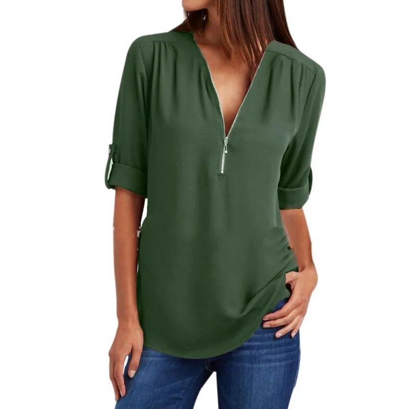 2019 Summer Women Chiffon Blouse 5XL Plus Size Chemise Femme V-neck Roll Up Sleeve Zipper Tunic Tops Summer Casual Loose Shirt