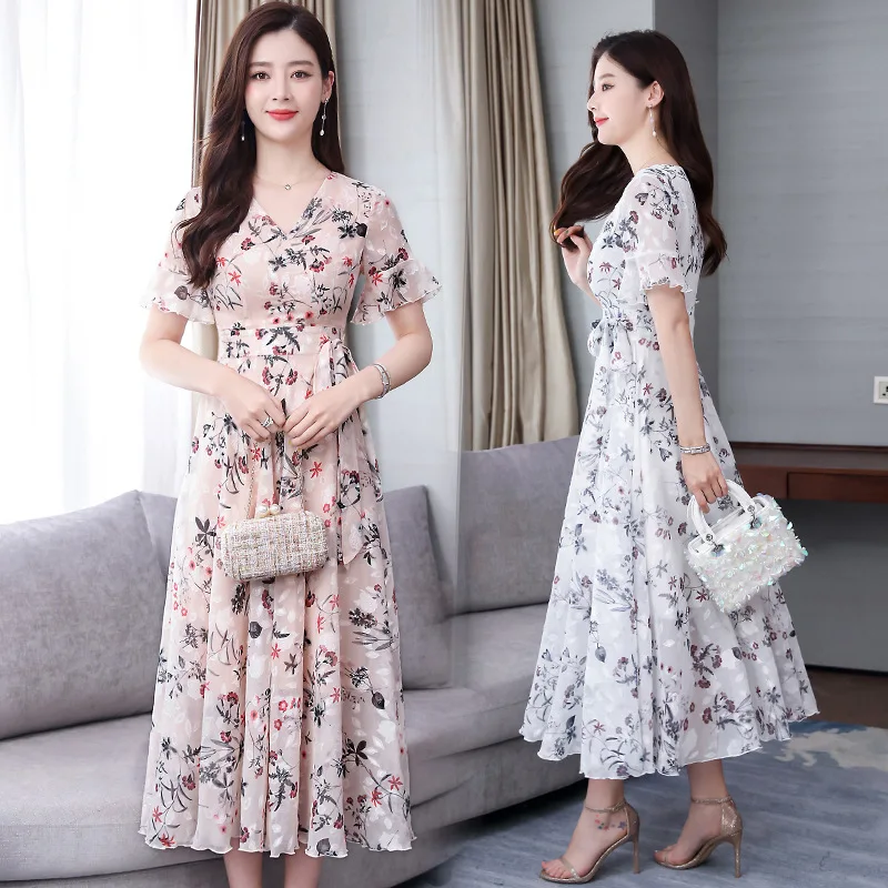 

Photo Shoot 2019 Summer Wear New Style Large Size Dress Bell Sleeve Floral-Print Long Skirts Big Hemline Chiffon Dress