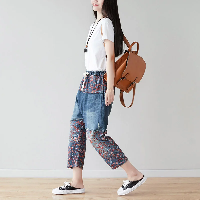 Max LuLu Summer Design 2021 Japan Style Jeans Women Printed Patchwork Denim Trousers Ladies Casual Ripped Harem Pants Big Size