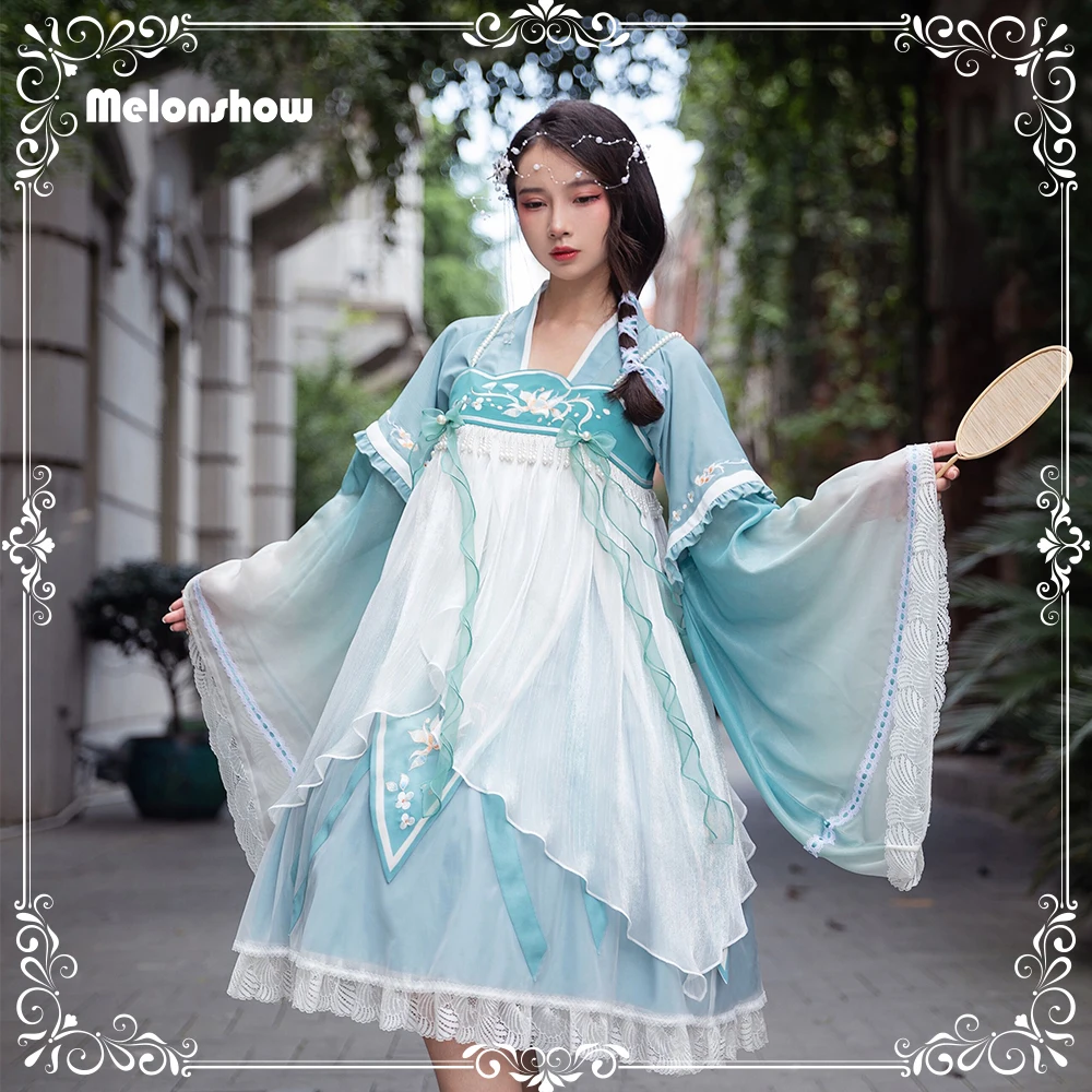 

Melonshow Chinese Hanfu Women Cyan Plus Size Ancient Cosplay Clothes Hanfu Dress Embroidery Traditional Folk Dance Dresses Girls