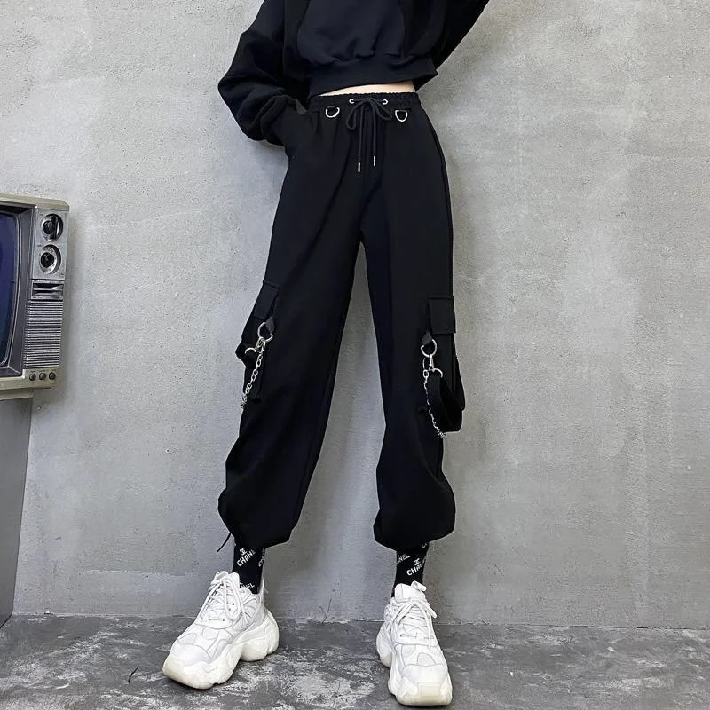 

Jogger Mujer Pantalones Black Cargo Pants Women Chain Detachable Ribbons Harajuku Gothic Pants Sweatpants Women Baggy Trousers