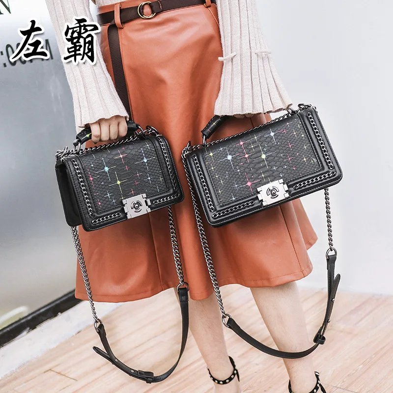 

New Style Graceful Embossed Snakeskin WOMEN'S Bag Weaving Bag with Chain Shoulder Oblique Lock Square Sling Bag Handbag