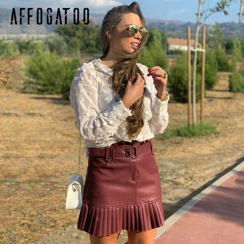 Afogatoo, сексуальные, вечерние, Клубные, с поясом, искусственная кожа, мини-юбка, для женщин, элегантные, с рюшами, высокая талия, Женская юбка, шикарная, осенняя, женская короткая юбка