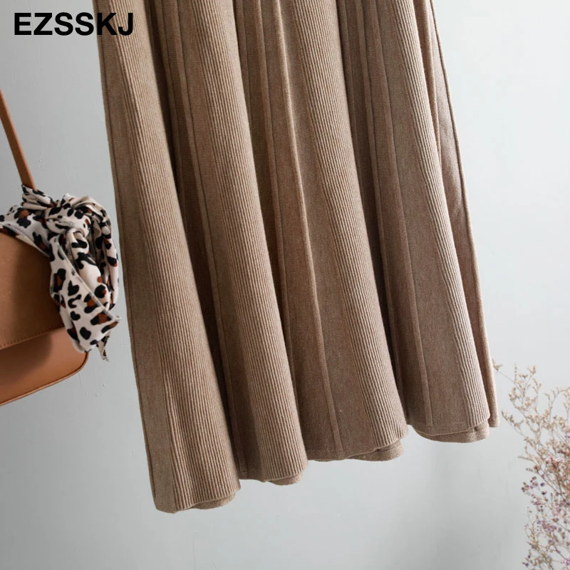 Винтажная зимняя женская Плотная юбка-свитер эластичная высокая талия плиссированная миди трикотажная юбка трапециевидная Женская