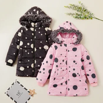 

PatPat New Arrival Winter Fashionable Polka Dots Allover Print Fleece Hooded Pocket Overcoat Kids Clothing