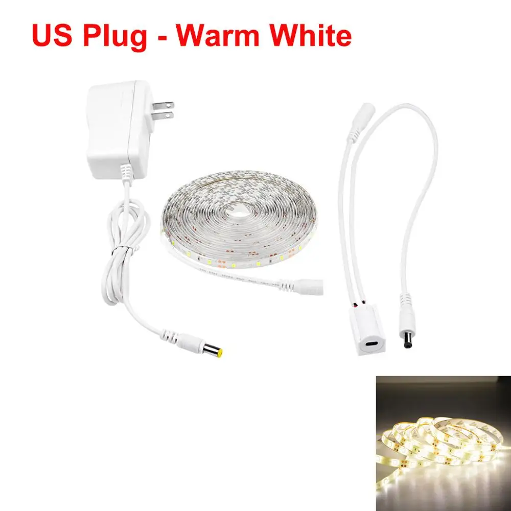 US Plug Warm White Ручной переключатель, светодиодный светильник для шкафа s, датчик движения, светодиодный, 1 м, 2 м, 3 м, 4 м, 5 м, кухонный ночник, Светодиодная лента, светильник для спальни - Цвет: US Plug Warm White