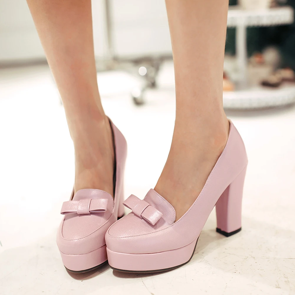

SARAIRIS NEW Wholesale Plus Size 43 Sweet Bow Platform Slip On Block High Heels Summer Women Shoes Women Pumps Female