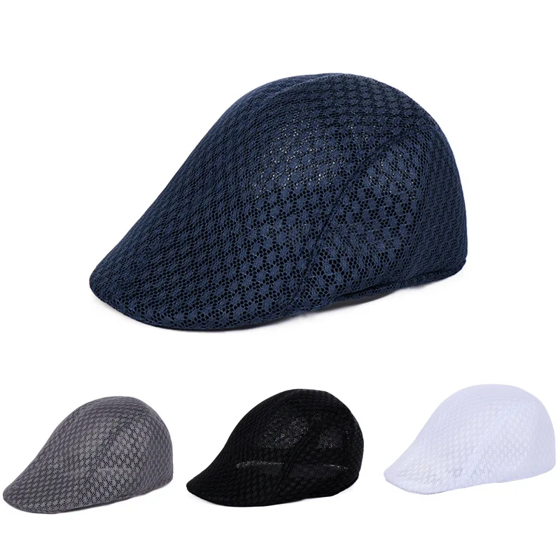 

Unisex Casual Beret Hat Flat Cap Breathable Mesh Cap Newsboy Style Adjustable Summer Fashion Solid Color Black Hat For Men Women