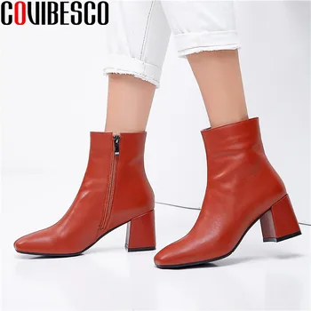 

COVIBESCO Vintage Fashion Red Women's Ankle Boots Genuine Leather Side Zipper Thick Heels Pumps Winter Party Dancing Shoes Woma