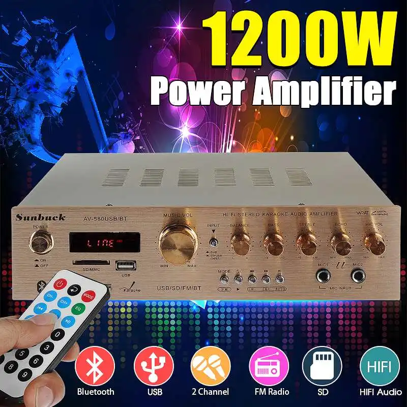 

1200W Professional Audio Powers Amplifier bluetooth HF Home Theater Car Amplifiers Subwoofer Remote Control Support FM USB SD