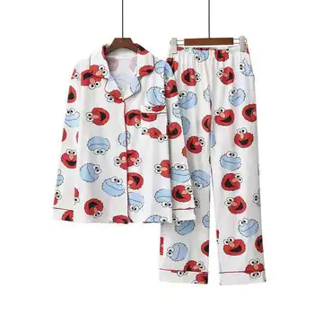 

2019 New Korean Cartoon Lovely Loose Open Shirt Home Suit Long Sleeve Cotton Pajama Female Autumn and Winter Style
