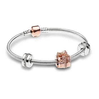 

NEW Christmas Newest 925 Sterling Silver Sparkling Surprise Charm Fit Bracelets Rose & Clear CZ Women Gift DIY Jewelry