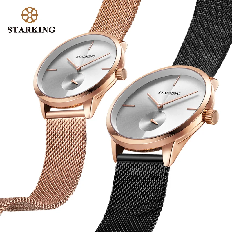 STARKING Lovers Watch Quartz Minimal Watch Men Women Stainless Steel Mesh Band Couples Watches Set Valentine Watches relogios
