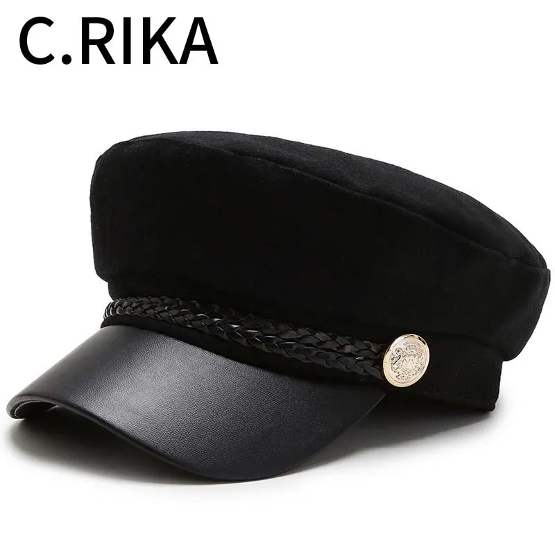Новая модная шерстяная шапка из искусственной кожи в стиле милитари, осенне-зимняя шапка моряка для женщин, мужчин, женщин, шапка для путешествий, Кепка Капитана, черные береты