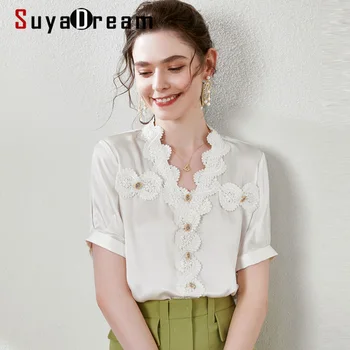 

SuyaDream Satin Blouse Women 100% Silk Solid Short Sleeves Lave V neck White Office Blouse Shirt 2020 Summer Elegant Silk Shirt