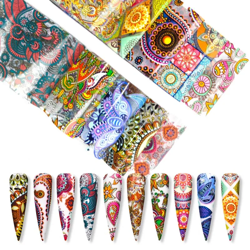 

10pcs/Set Holographic Nail Foil Starry Flower Transfer Paper Nail Stickers Decals Summer Adhesive Foils 3D Manicure ZJT4031