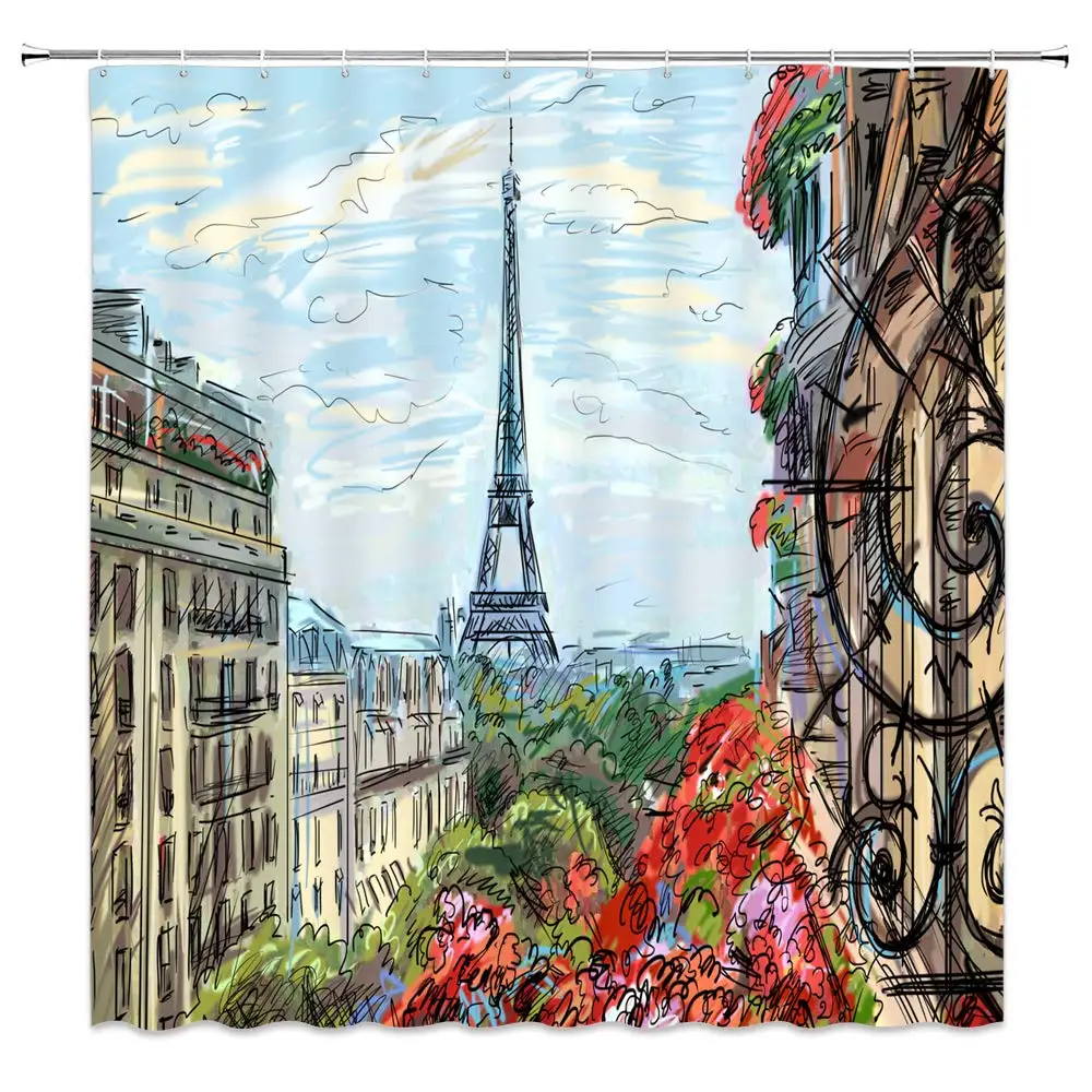 

Eiffel Tower Shower Curtain Decor France Paris Landmark Building Bathroom Curtain 70 x 70 Inches Polyester Fabric Machine