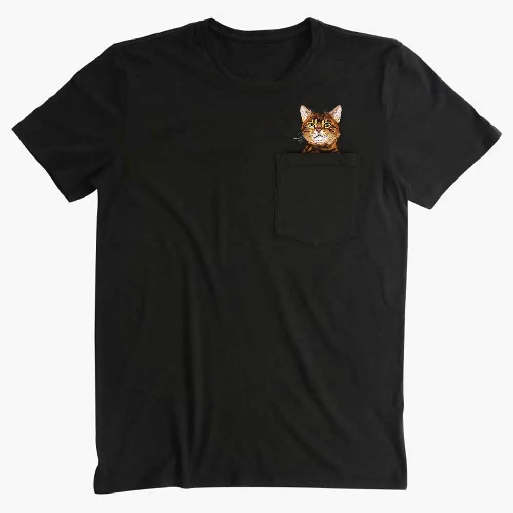 CLOOCL T-Shirt Fashion Summer Bengal Cat Pocket T-shirt 3D Printed Men for Women Shirts Tops Funny Cotton Black Tees