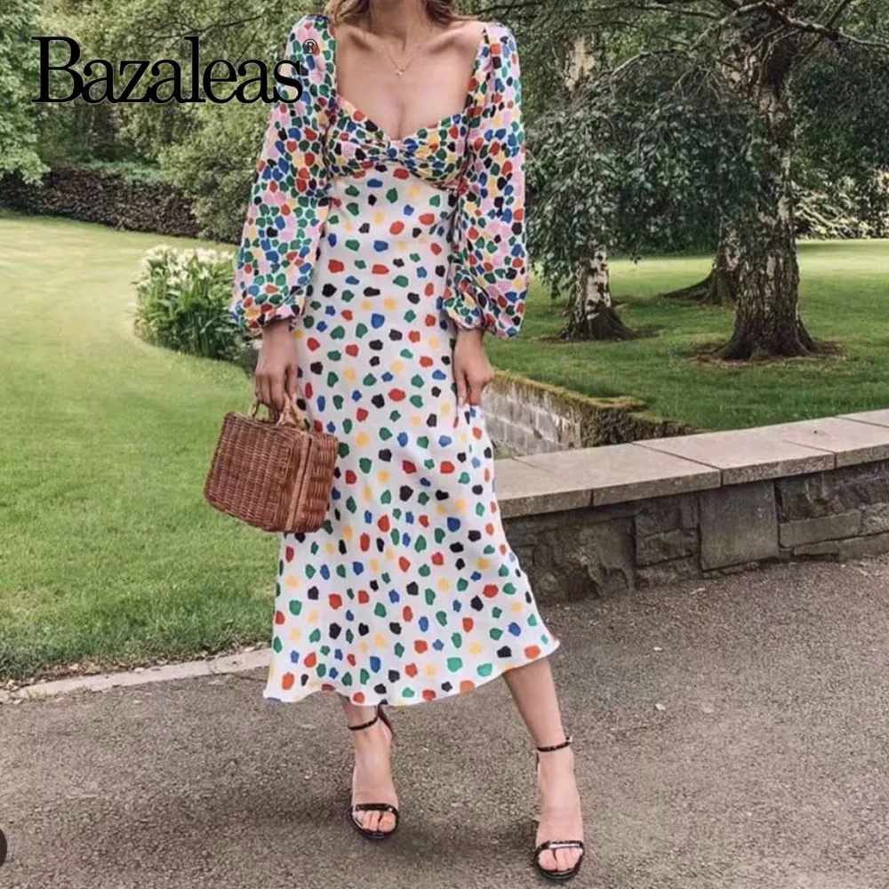 Bazaleas, винтажное модное сатиновое пляжное платье с длинным рукавом, праздничное, цветное, с цветочным принтом, длинное обтягивающее летнее платье, Прямая поставка