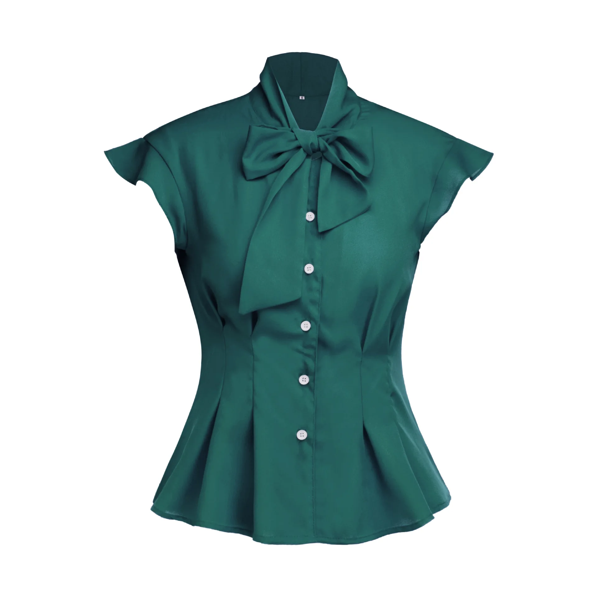 

Summer Tops For Women 2021 Short Ruffles Sleeve Chiffon Blouse With Bow Tie Office Lady Work Wear Slim Desigual Female Clothing