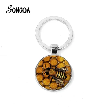 

Gold Bee Honeycomb Keychain Fashion Honeybee Insect Steampunk Glass Cabochon Pendant Car Key Ring Beekeeper Gift Souvenir