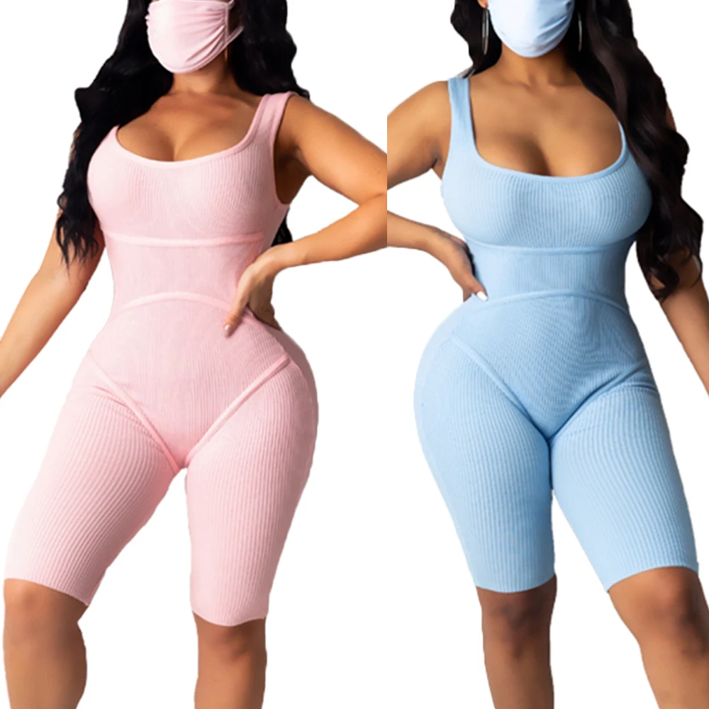 

Summer Ribbed Jumpsuit Women Sexy Skinny Bodycon Spaghetti Strap Fitness Rompers Streetwear Sportwear D30