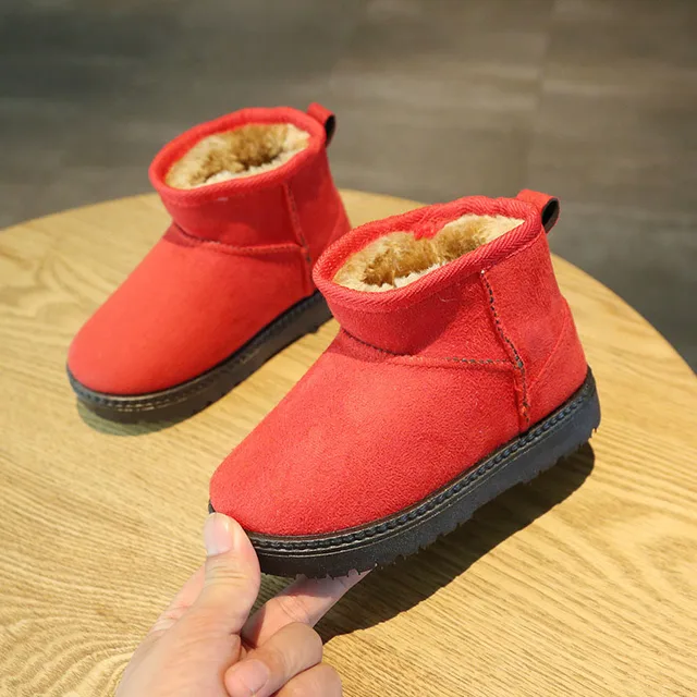 Winter Kids Snow Boots Classic Children Plush Warm Shoes Baby Girls Soft Non-slip Ankle Flats Shoes Infant Toddler Short Boots Red