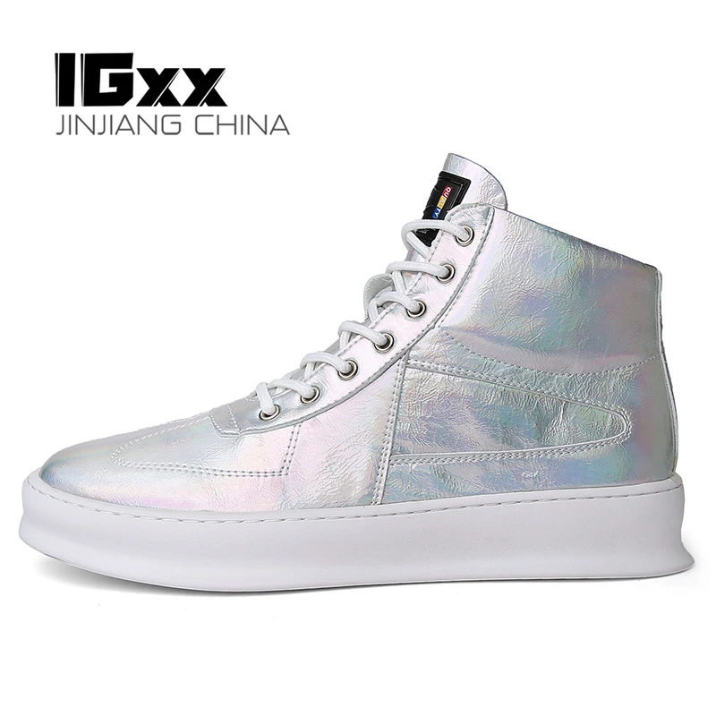 

IGxx High top Shoes Skateboard Lace-up Leather Bling Men's Sneakers Punk Ankle Boots For Men Basketball Shoes Silver